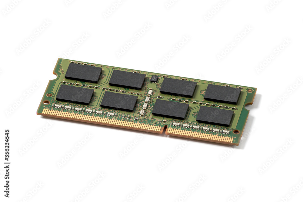 DDR4 RAM (Random Access Memory) laptop memory modules on white background, microelectronic chipset close up, computer circuit detail, DDR board DDR4 RAM (Random Access Memory) laptop memory modules on white background, microelectronic chipset close up, computer circuit detail, DDR board
