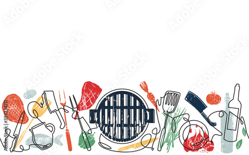 Grill Poster. Pattern with Utensils for Barbecue.  Background for your design works. Vector illustration.