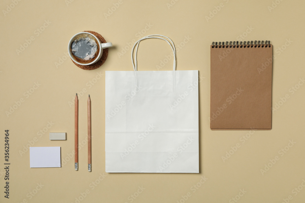 Mockup business brand template on beige background, space for text Mockup business brand template on beige background, space for text