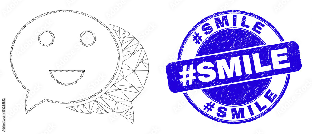 Web mesh happy chat icon and #Smile stamp. Blue vector round grunge stamp with #Smile caption. Abstract frame mesh polygonal model created from happy chat icon. Web mesh happy chat icon and #Smile stamp. Blue vector round grunge stamp with #Smile caption. Abstract frame mesh polygonal model created from happy chat icon.
