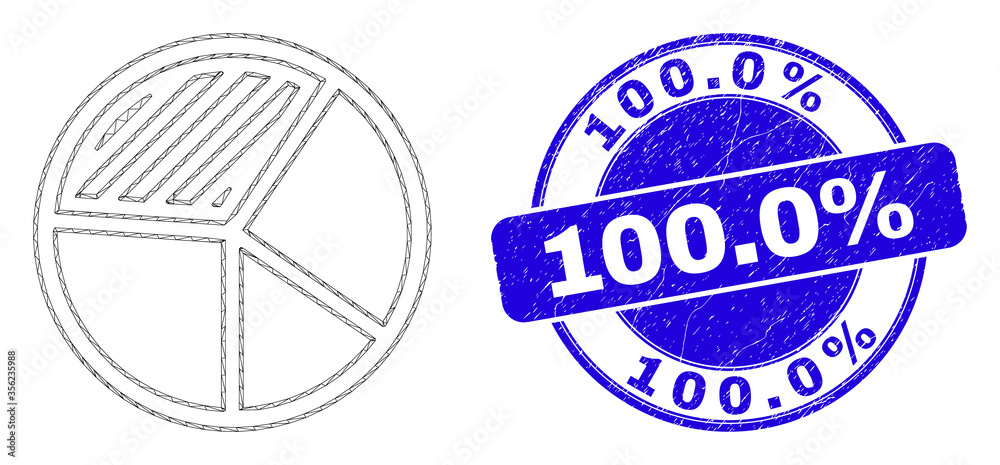 Web carcass pie chart icon and 100.0% seal stamp. Blue vector rounded grunge seal stamp with 100.0% message. Abstract frame mesh polygonal model created from pie chart icon. Web carcass pie chart icon and 100.0% seal stamp. Blue vector rounded grunge seal stamp with 100.0% message. Abstract frame mesh polygonal model created from pie chart icon.