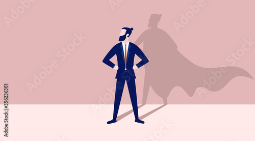 Business hero - Bearded hipster businessman standing proud and casting superhero shadow on wall. Heroic, courageous and brave man concept.  Vector illustration.