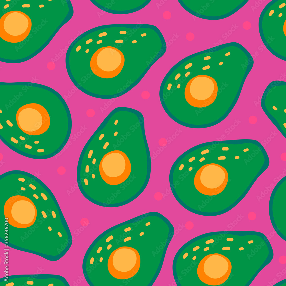 Fototapeta premium Seamless vector pattern with avocado on a pink backgorund. Modern concept for fabric and paper, surface textures.