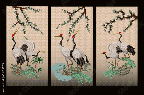 Folding screen in chinoiserie style with white cranes. Vector.