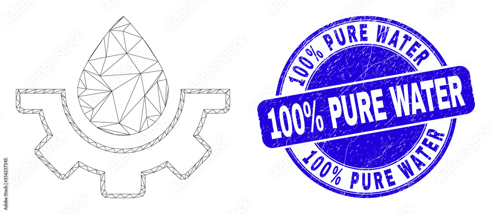 Fototapeta premium Web carcass water plumbing gear pictogram and 100% Pure Water stamp. Blue vector rounded grunge seal stamp with 100% Pure Water title.