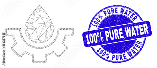 Web carcass water plumbing gear pictogram and 100% Pure Water stamp. Blue vector rounded grunge seal stamp with 100% Pure Water title.