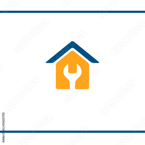 House Repair. Logo design. Vector Template. House silhouette with a wrench in negative space. Yellow and blue color.