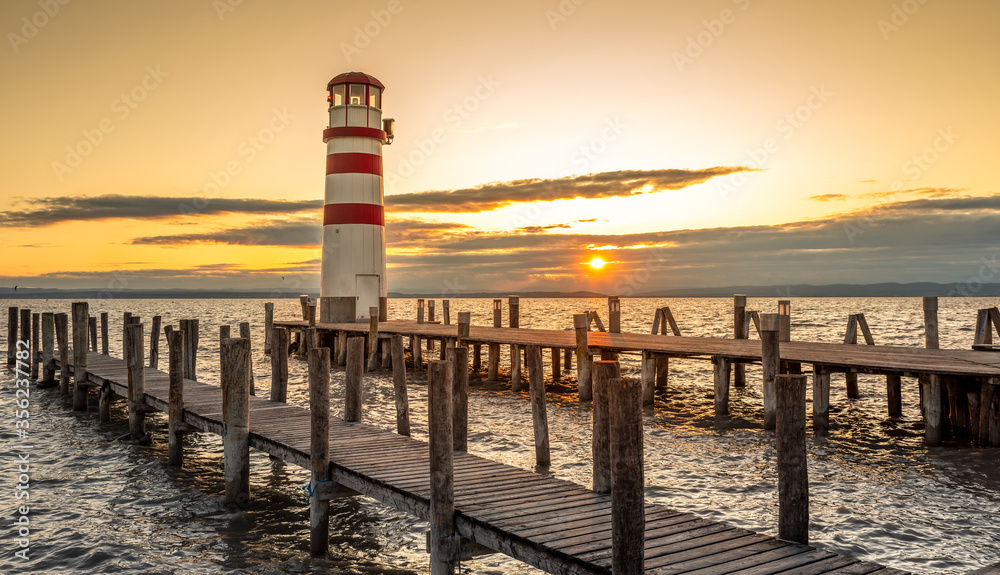 Beautiful Lighthouse in Austria Podersdorf am see during sunset.
