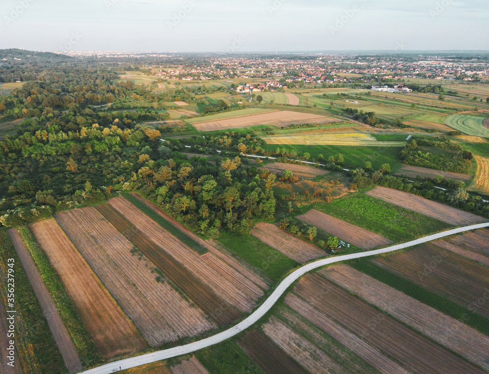 Aerial view of beautiful rural landscape on the edge of forest in foreground, with Zagreb city in background, photographed with drone