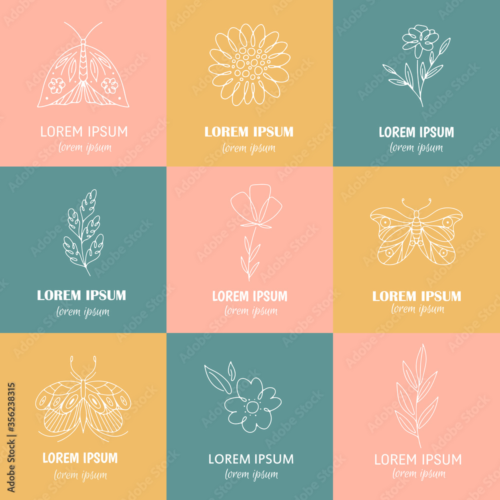 Line art, spring design logo signs with with flowers, insects,