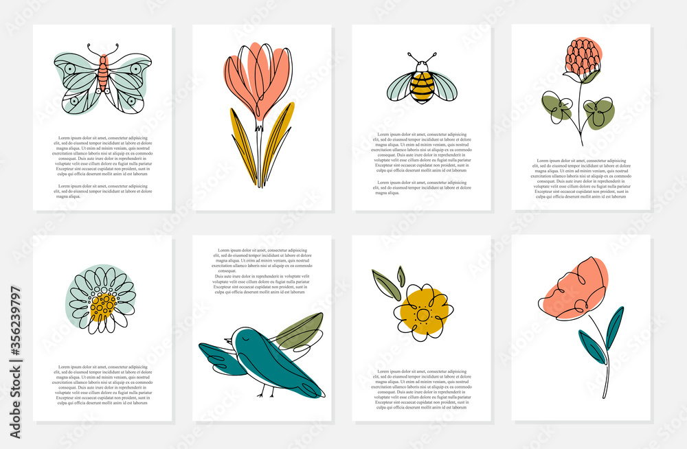 Obraz premium Spring cards with flowers, insects, bird and text. Line art