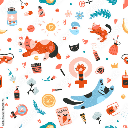 Seamless pattern on self-care theme: cats, cosmetics, vitamins, cozy things.