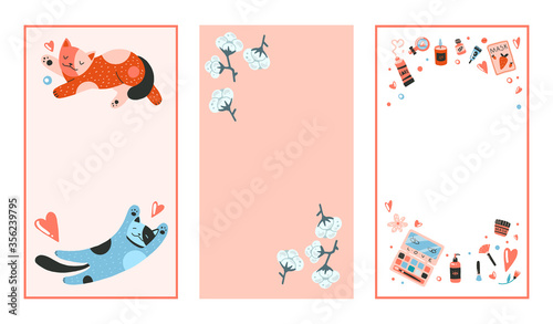 Trendy editable template for stories. Flat cartoon vector illustration with cats, flowers, leaves, hearts, hand drawn style.