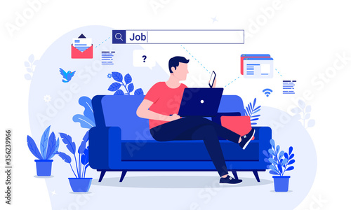 Job search - Man searching job online with his laptop computer from home. Search field over his head. Unemployed, unemployment and searching job concept. Vector illustration.