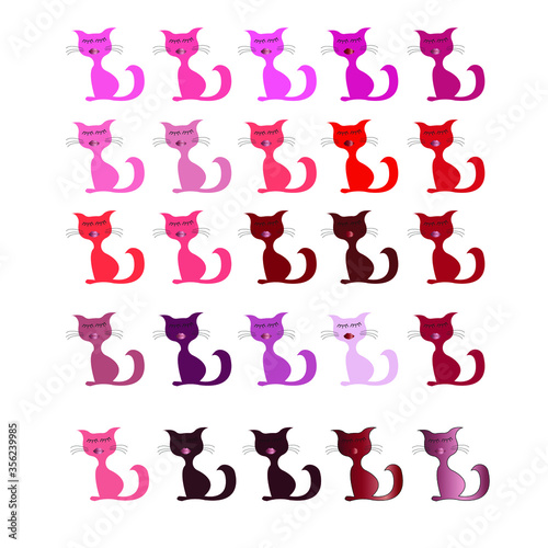 Beautiful multicolour cartoon cats with black eyelashes, red lips on a white background for logo design