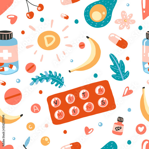 Seamless pattern with vitamins, avocado, banana, pills, cherry and fruit.