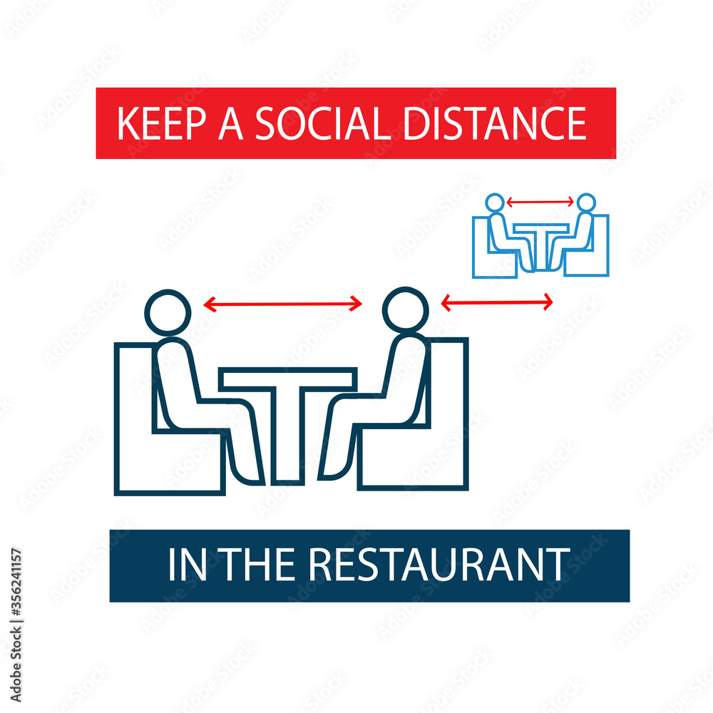 Sticker. Social distancing in restaurants and cafes. The people at the tables at a safe distance. Icon. Vector flat illustration Sticker. Social distancing in restaurants and cafes. The people at the tables at a safe distance. Icon. Vector flat illustration
