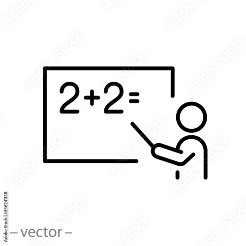 teaching math icon, teacher at the  blackboard, thin line symbol on a white background- editable stroke vector illustration eps10