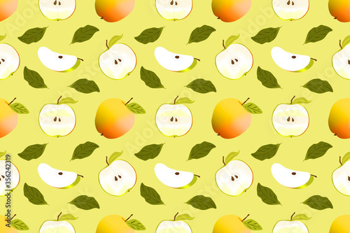 Seamless pattern with apples, pears and flakes on a light green background., Echoed. For paper, covers, fabrics, gift wrapping, interior decoration. Simple design pattern for surface.