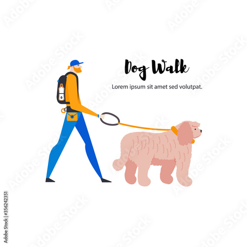 Komondor and personal dog-walker. Cute hungarian sheepdog. Guy with pet outdoors.