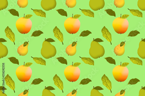Seamless pattern with apples, pears and leaves on a light green background. For paper, covers, fabrics, gift wrapping, interior decoration. Simple design pattern for surface.