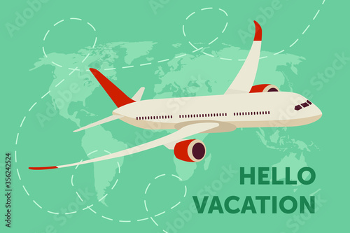 The plane is flying. Plane in the sky among the clouds. Vector illustration of an airplane.