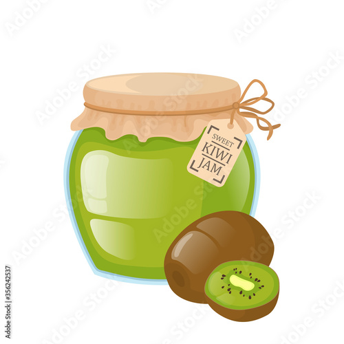Glass jar with kiwi jam. Bright vector illustration of kiwi jam. 