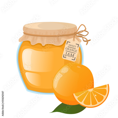 Glass jar with orange jam. Bright vector illustration of orange jam. 