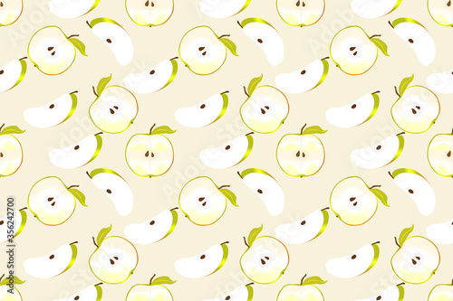 Seamless pattern with halves and slices of apples on a light background. For paper, covers, fabrics, gift wrapping, interior decoration. Simple design pattern for surface.