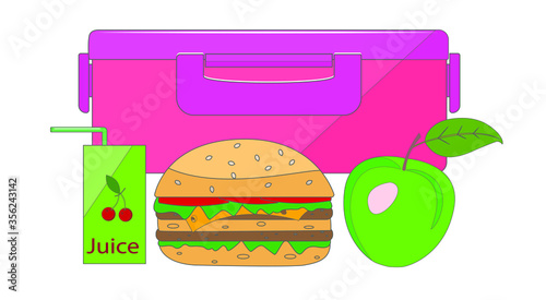 Lunch box for school Breakfast. Isolated vector image on a white background. Clipart. Picnic lunch box with Apple, juice, Burger