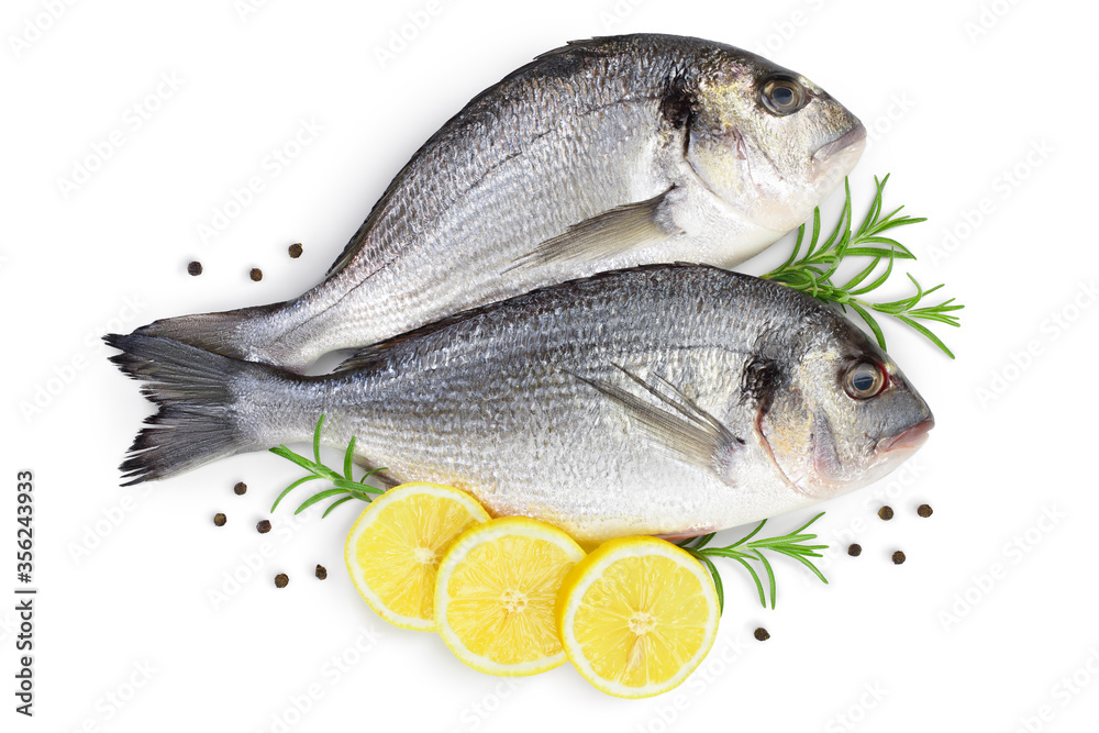 Fish dorado isolated on white background with clipping path and full depth of field. Top view. Flat lay Fish dorado isolated on white background with clipping path and full depth of field. Top view. Flat lay