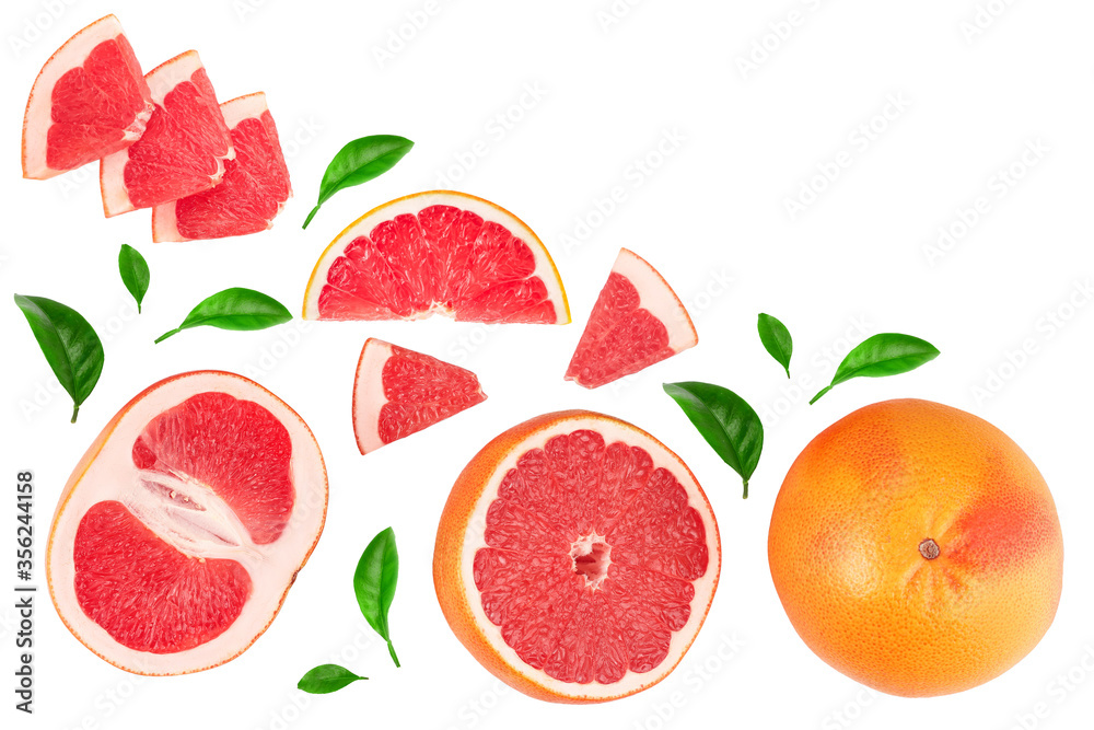 Grapefruit and slices isolated on white background. Top view with copy space for your text. Flat lay Grapefruit and slices isolated on white background. Top view with copy space for your text. Flat lay