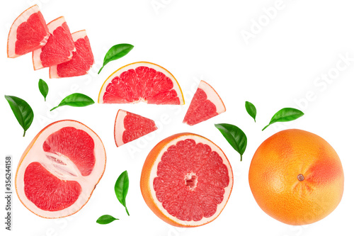 Grapefruit and slices isolated on white background. Top view with copy space for your text. Flat lay