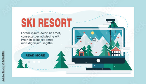 Winter vacation in computer screen with landscape. Ski mountain resort in flat cartoon design with funiculars  mountains  house  trees and snow. Ski resort in  winter time. Vector stock illustration.