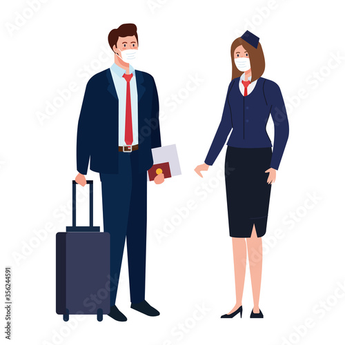 Stewardess and man with medical mask and bag design, Cancelled flights travel and airport theme Vector illustration