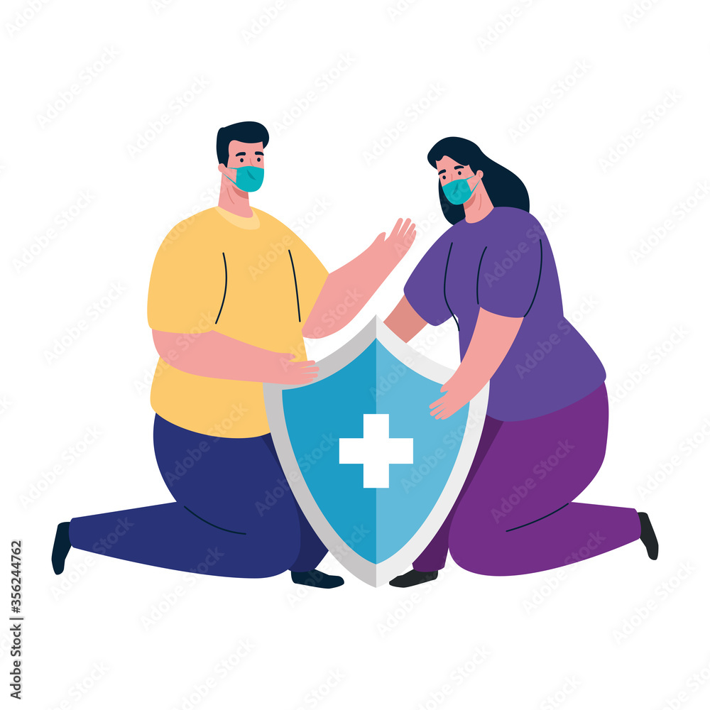 woman and man avatar with mask and shield design of medical care and covid 19 virus theme Vector illustration woman and man avatar with mask and shield design of medical care and covid 19 virus theme Vector illustration