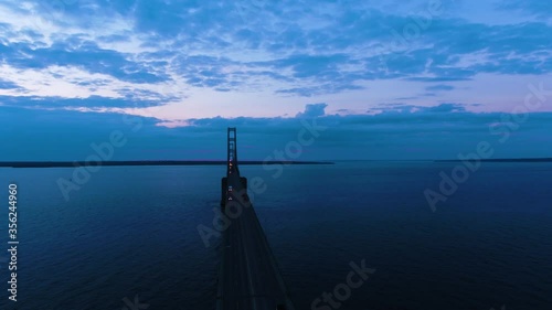 4K Aerial footage of Mackinac Bridge in Michigan during sunset