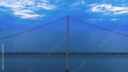 4K Aerial footage of Mackinac Bridge in Michigan during sunset