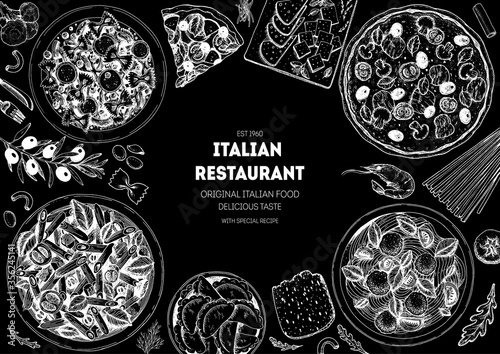 Pizza, pasta and ravioli cooking and ingredients for pizza, pasta and ravioli , sketch illustration. Italian cuisine frame. Food menu design elements. Pizza and pasta hand drawn frame. Italian food.