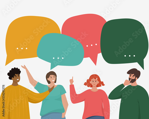 People talking, businessmen discussing news. Social network dialogue speech bubbles. Vector illustration in cartoon flat style