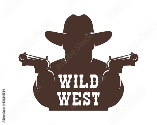 Cowboy bandit with guns stencil. Western gunfighter silhouette icon. Vector wild west illustration.