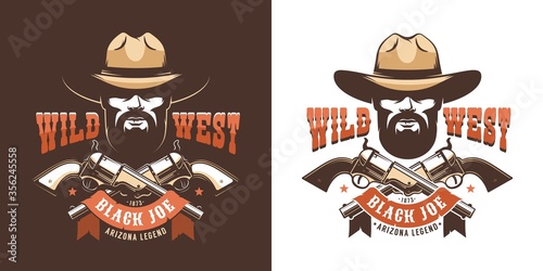 Western cowboy emblem. Bearded wild west ranger with pistols. vector illustration.