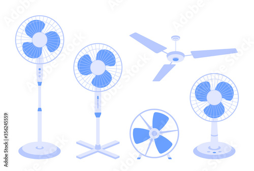 Vector set of electric fans of various types isolated on white background. Bundle or collection of household devices for air cooling and conditioning, climate control