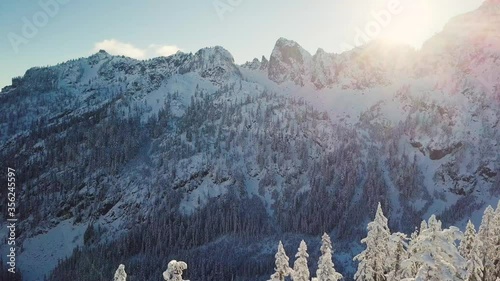 4K Winter aerial footage of Snow Lake in Washington State 