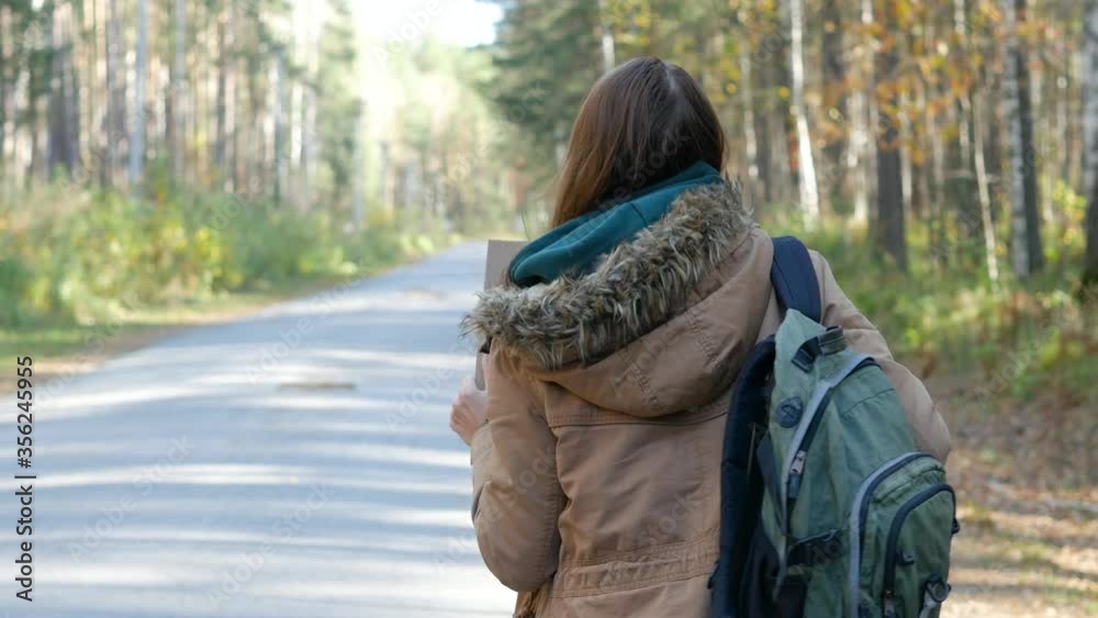 charming woman walks along the road and catches a car with an adventure sign charming woman walks along the road and catches a car with an adventure sign