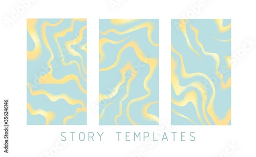 Abstract creative backgrounds for social media networks in trendy liquid style. Social media stories templates. Stylish blue background with golden sand wavy lines. Set of vector illustrations.