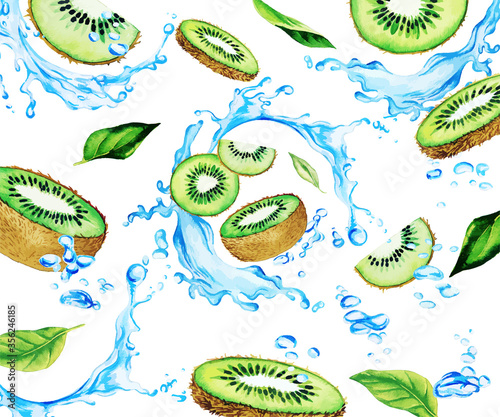 watercolor qiwi slices and leaves among water splashes photo