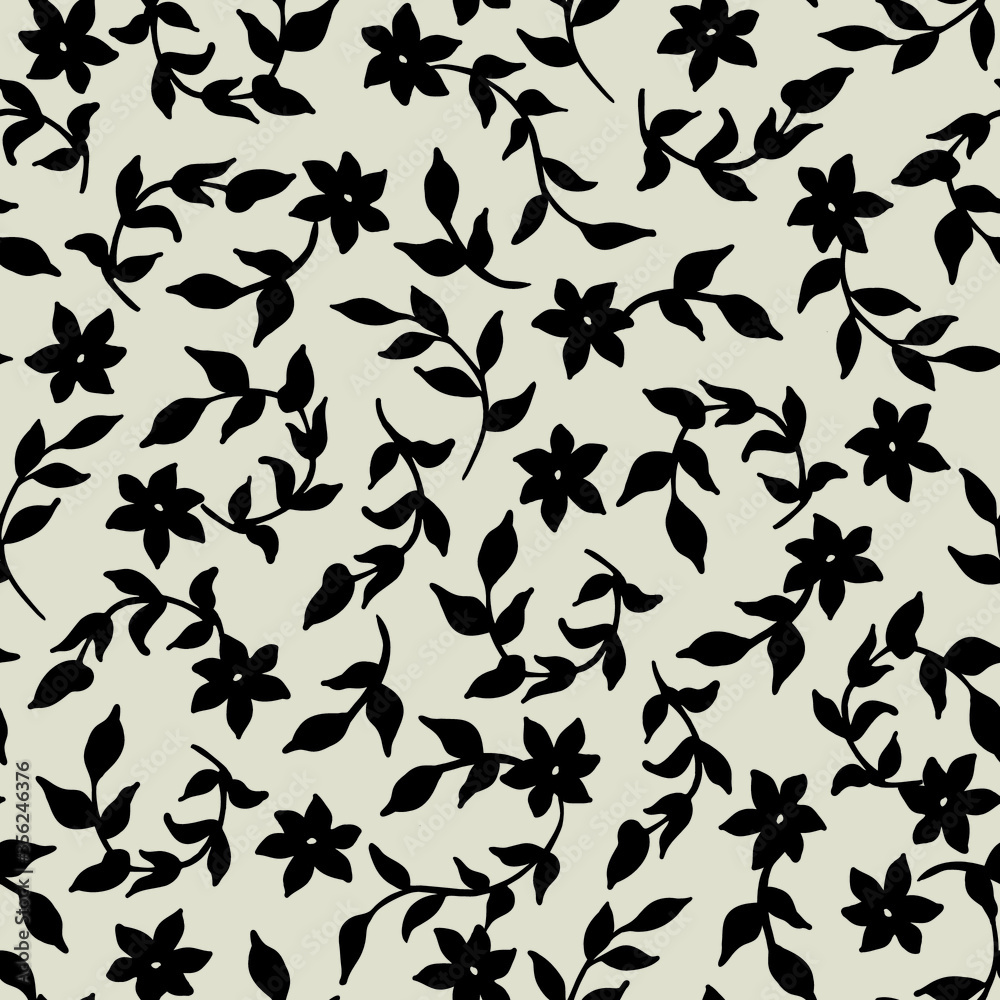Ditsy Leaf Pattern with Flowers. Vector Seamless Pattern. Black motifs on Ivory background. Ditsy Leaf Pattern with Flowers. Vector Seamless Pattern. Black motifs on Ivory background.