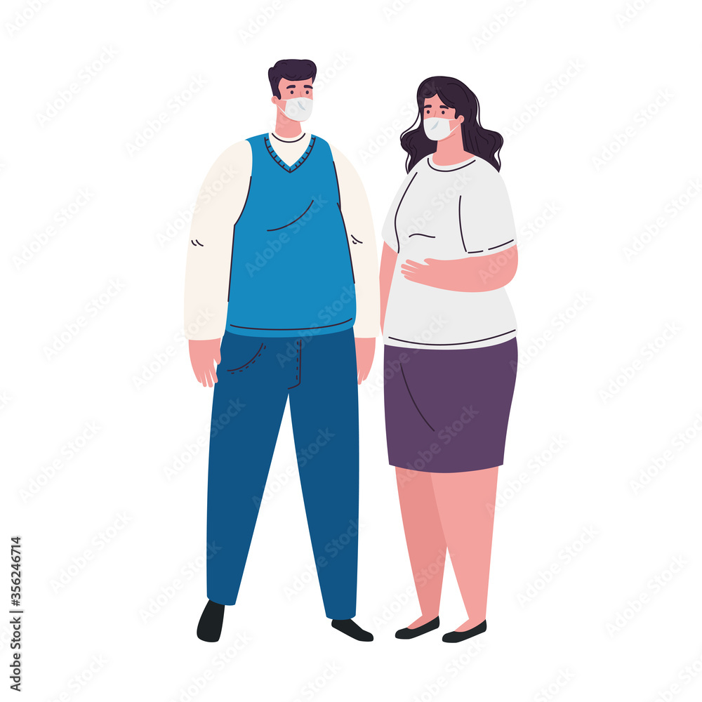 woman and man avatar with mask design of medical care and covid 19 virus theme Vector illustration