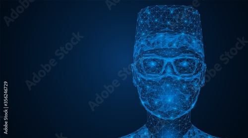 A man in a mask and glasses. Face protection from viruses and air pollutants. Polygonal design. Blue background.